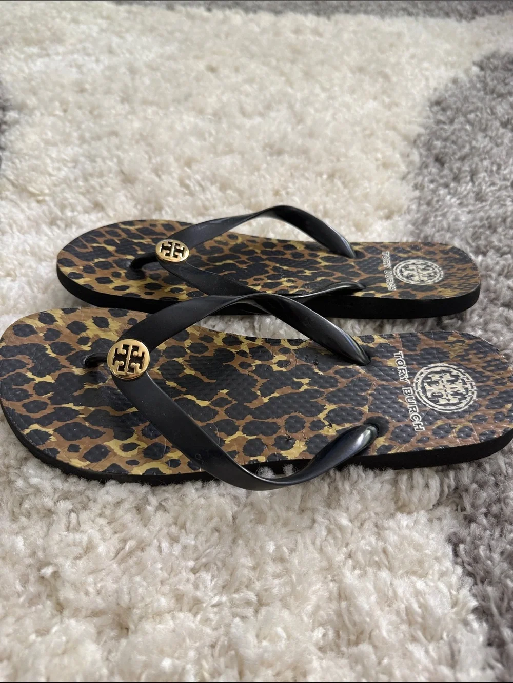 Tory Burch Leopard Print Flip Flops with Black Straps and Gold Logo